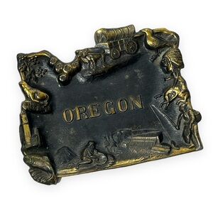 Vintage Oregon Brass Souvenir Ashtray Wildlife Patina State Symbols Dimensional